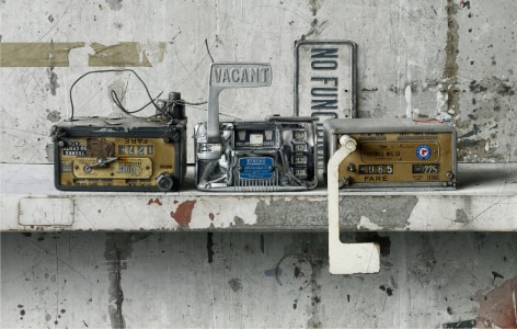 cesar galicia, New York Taxi Meters (SOLD), 2012, mixed media on board, 34 1/4 x 21 5/8 inches