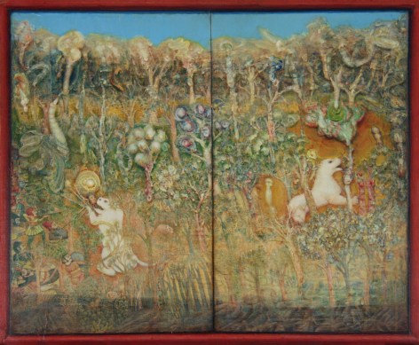 Gregory Gillespie White Lions, 1997 oil on panel 22 x 27 inches