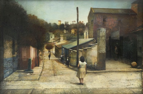gregory gillespie, Street in Spain, 1964 oil and mixed media on wood 7 1/4 x 10 3/4 inches