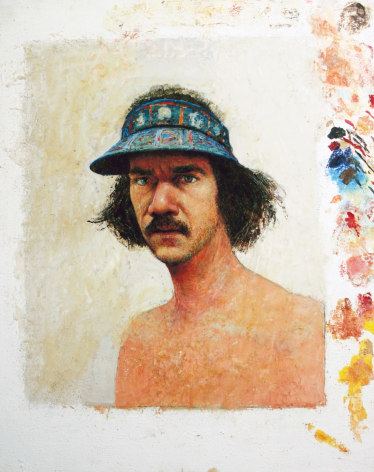 Gregory Gillespie, Self-Portrait with Blue Visor, 1979, oil on paper mounted on masonite, 31 3/8 x 25 5/8 inches