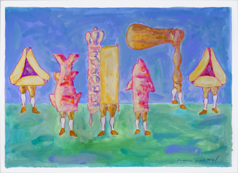 Mark Podwal, Six Purim Costumes (SOLD), 2007, acrylic, gouache, colored pencil on paper, 22 1/8 x 29 7/8 inches