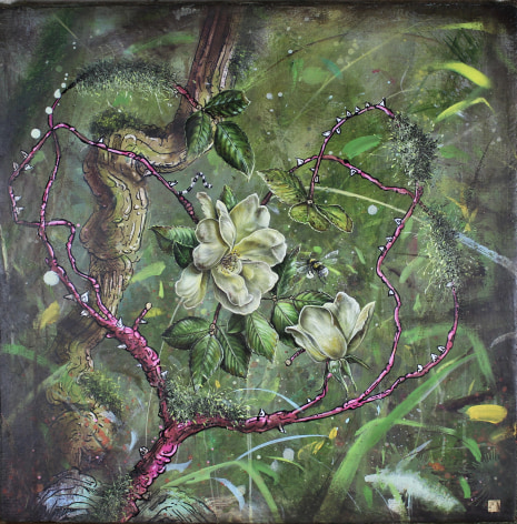 &quot;Be gentle my dear...&quot;, 2020, oil, gold leaf, ink and cold wax on marble plastered jute wrapped panel, 16 x 16 inches