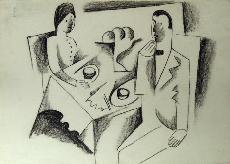 B&eacute;la K&aacute;d&aacute;r Untitled (man and woman at table), nd charcoal on paper 9 7/8 x 13 3/4 inches