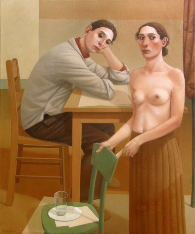 alan feltus, The Young Man and the Flower Lady, 2010, oil on linen, 48 x 39 7/8 inches