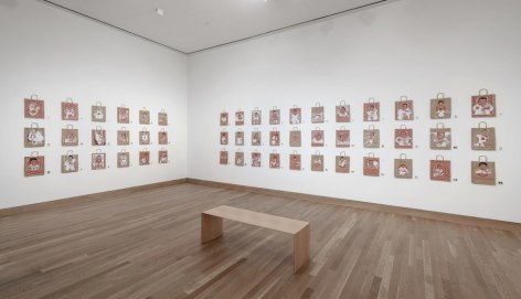 Megan Rye, Foundling: 100 Days, 2020 oil on paper bags Installation dimensions variable