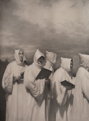 Guillermo Mu&ntilde;oz Vera, Friars, 2019, conte pencil and charcoal on paper, 37 1/4 x 27 3/4 inches (image size)