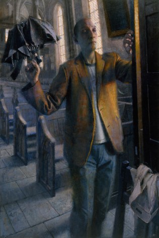 paul fenniak, Man with Collapsible Umbrella, 2012-2013, oil on canvas, 54 x 36 inches
