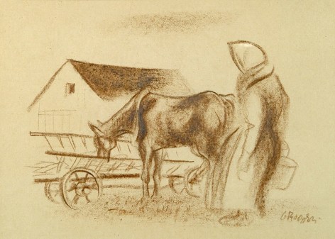 William Gropper, Watering Horse, 1956, conte crayon on paper, 16 x 11 inches