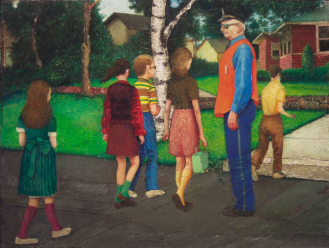 Gregory Gillespie, Back to School (SOLD), 1971, oil and magna on wood, 11 1/2 x 14 3/4 inches