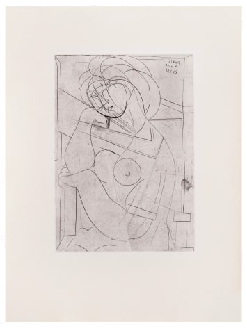 PABLO PICASSO (1881-1973)  Femme au Fauteuil songeuse, la Joue sur la Main, 1934 (March 9, Paris)  From the Suite Vollard (S.V. 21)  engraving printed on Montval laid paper with Vollard watermark  10 7/8 x 7 3/4 inches (image)  17 1/2 x 13 1/4 inches (sheet)  From the Edition of 260  Inscribed and dated upper right &ldquo;Paris / 9 Mars / XXXIV&rdquo;  Stamped lower right verso &quot;HMP SV&quot; (Estate of Henri Petiet)  Printed by Lacouri&egrave;re, 1939  Published by Vollard, 1939  (Bloch 0218) (Baer 423.B.d)  &copy; 2023 Estate of Pablo Picasso / Artists Rights Society (ARS), New York
