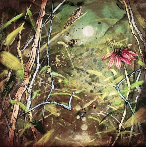 &quot;We need the healing moon...&quot;, 2021 oil, gold leaf, ink and cold wax on marble plastered linen wrapped panel 12 x 12 inches