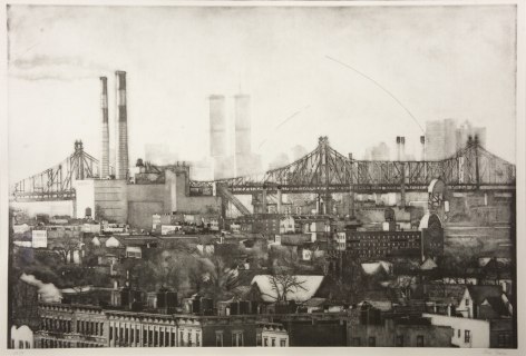 cesar galicia, World Trade Center, 1996, etching and aquatint, 24 3/16 x 35 3/4 inches