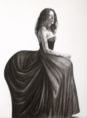 Steven Assael, Lilliana with Fancy Dress, 2007, graphite on paper, 19 7/8 x 14 3/4 inches