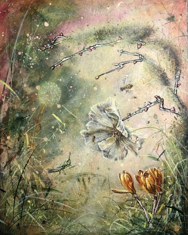 &quot;The first time we met, it was springtime...&quot;, 2024, oil, gold leaf, ink and cold wax on marble plastered linen wrapped panel, 14 x 11 inches