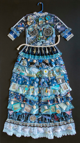 Jane Lund, Montauk Dress, 2017, assemblage of collected objects, 58 1/2 x 32 1/2 inches