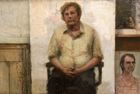 gregory gillespie,  Bill (in Studio), 1984, oil, alkyd and photo on board, 12 1/2  x 17 3/4 inches