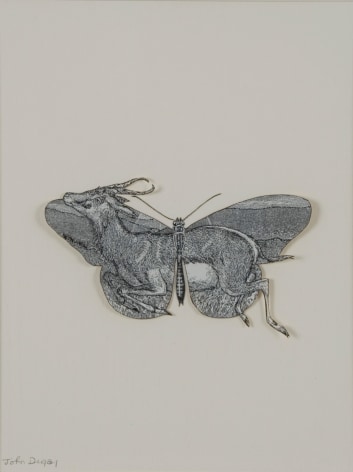 John Digby, Butterfly with Gazelle, 1987, collage with pen and ink, 16 x 12 inches
