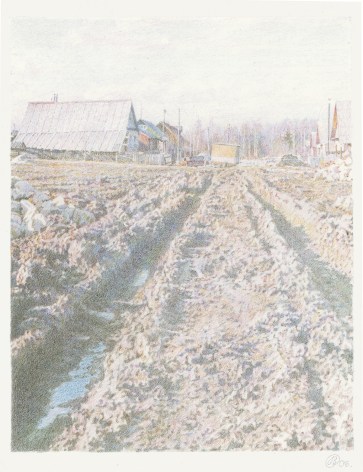 Oleg Vassiliev, Plowed Landscape with Houses, 2006, graphite and colored pencil on paper, 15 x 11 1/8 inches