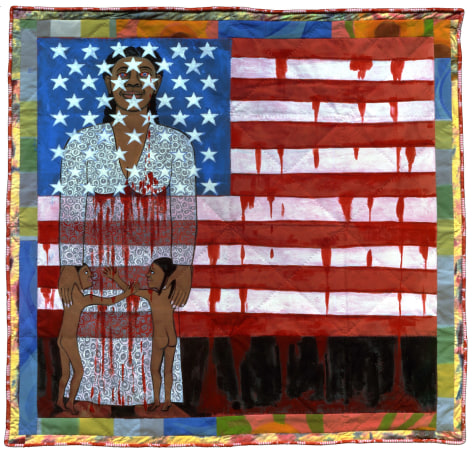 Faith Ringgold, The Flag is Bleeding #2 (The American Collection #6), (SOLD), 1997, acrylic on canvas with painted and pieced border, 79 x 76 inches