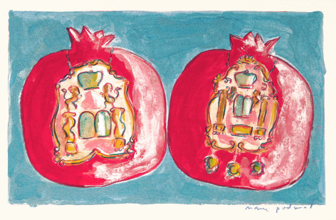 Mark Podwal, Pomegranates with Torah Shields (SOLD), 2008, acrylic, gouache and colored pencil on paper,  7 3/4 x 12 1/8 inches