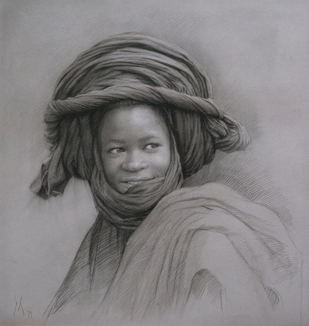 Guillermo Mu&ntilde;oz Vera, Young Man from Mali, 2019, conte pencil and charcoal on paper, 20 7/8 x 19 5/8 inches