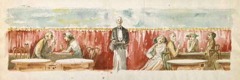 Reginald Marsh, Scene in Restaurant (SOLD), c. 1940-50, watercolor on paper, 8 x 24 inches