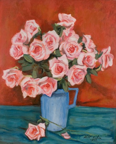 Walt Kuhn, Pink Roses in Blue Pitcher, 1934, oil on canvas, 30 x 25 inches, 38 3/4 x 33 1/4 x 1 5/8 inches