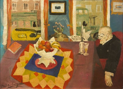 philip evergood, Untitled (Interior with Man at Table) [SOLD], c. 1932, oil on panel, 11 1/2 x 15 3/4 inches