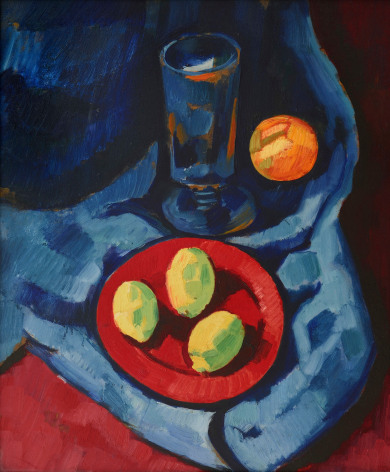 marsden hartley, Still Life with Lemons (Fruit and Tumbler), 1928, oil on composition board, 23 7/8 x 19 5/8 inches