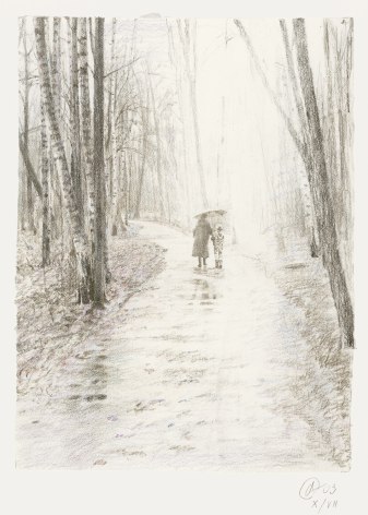 Oleg Vassiliev, Figures Under Umbrella, 2003, graphite and colored pencil on paper, 14 x 8 1/8 inches