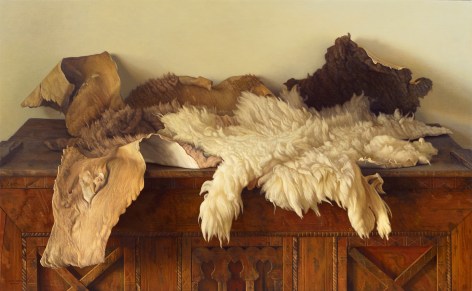 Claudio Bravo, Pieles de camello y cordero / Camel and Lamb Skins, 2004, oil on canvas, 35 x 57 1/8 inches