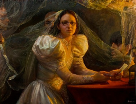 Steven Assael, Bride with Cards (SOLD), 2011, oil on canvas, 36 3/8 x 48 inches