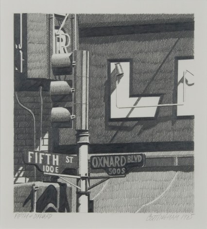 Robert Cottingham, Fifth and Oxnard, 1985, pencil on paper, 7 x 6 1/4 inches