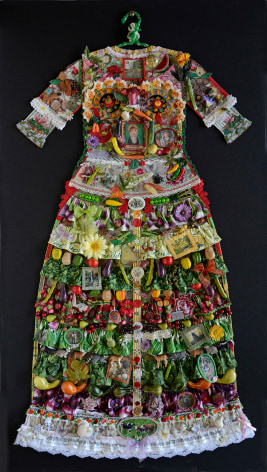 jane lund, Garden Dress (SOLD), 2012, assemblage of collected objects, 59 x 33 inches