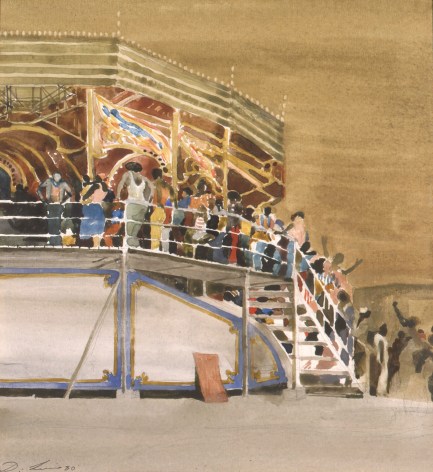 david levine, Awaiting the Ride, Coney Island, 1980 watercolor on paper 10 3/4 x 10 inches, Private collection, Chicago, IL