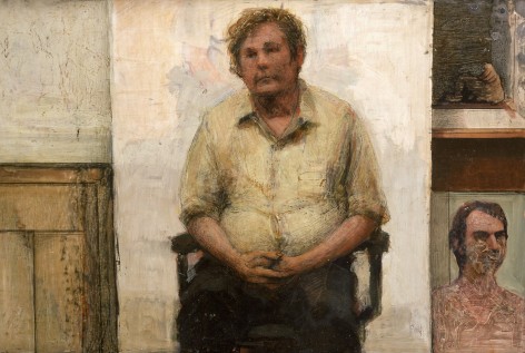 gregory gillespie,  Bill (in studio), 1984, oil on panel, 13 x 18 1/2 inches