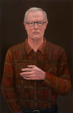 William Beckman, Self-Portrait in Plaid Shirt (Anthem), 2022, oil on panel, 50 x 32 3/8 inches