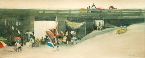 David Levine, Pier Life, 2003, watercolor on paper, 10 x 25 inches