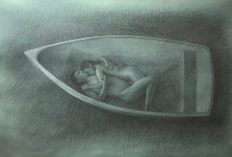 Wade Schuman Study for Polyptych (Top Panel Figures in a Boat), 2024 pencil and white chalk on prepared paper 25 x 34 inches