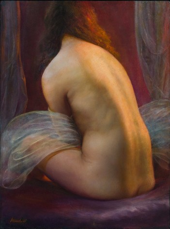 Steven Assael, Seated Bride Holding Veil, 2015, oil on board, 23 3/4 x 17 3/4 inches