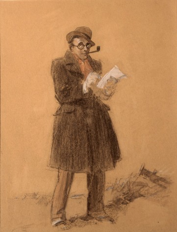 Everett Shinn, The Reporter (Self-Portrait) (SOLD), black chalk and pastel on tan paper, 10 1/4 x 8 1/2 inches