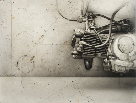 cesar galicia, Motor, 1991, acrylic, watercolor and pencils on panel, 18 x 24 inches