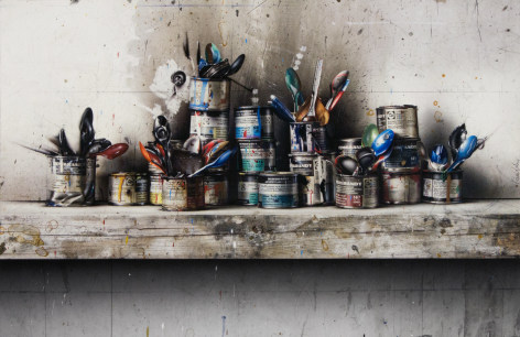 cesar galicia, Paint Cans, 2012, mixed media on board, 21 5/8 x 33 1/2 inches