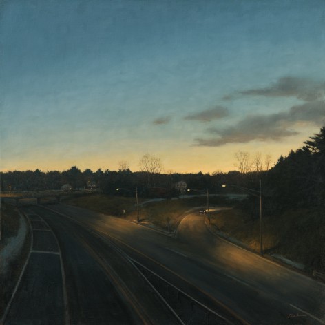 Linden Frederick, Offramp (SOLD), 2016, oil on linen, 36 x 36 inches, this painting inspired the short story, Offramp, by Dennis Lehane