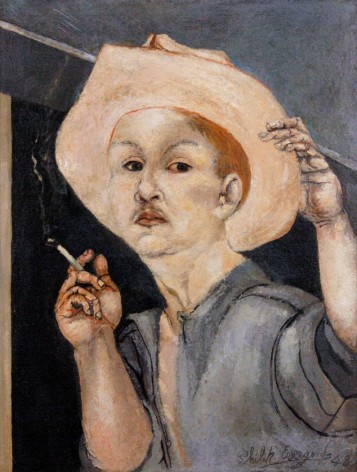 philip evergood, Self-Portrait Tipping Hat, 1948 oil on board 16 3/4 x 13 inches