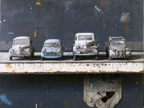cesar galicia, Cars and Dust (SOLD), 2011, mixed media on board with silicon carbide, 16 3/4 x 22 1/4 inches