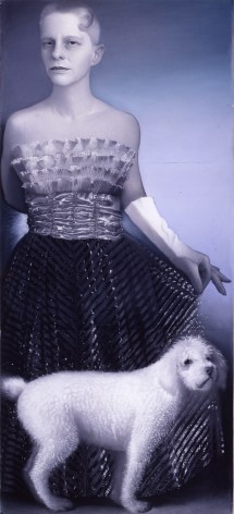 susan hauptman, Self Portrait with Dog, 2001, charcoal, pastel and hair on paper, 94 x 40 1/2 inches