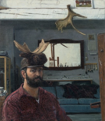 Linden Frederick, Self Portrait with Moose Hat, 1994, oil on linen, 13 x 15 inches