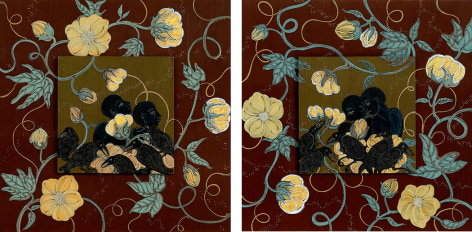 stephanie wilde,The Fields of Worth (diptych), 2015, ink, acrylic and gold leaf on museum board, 10 x 10 inches each
