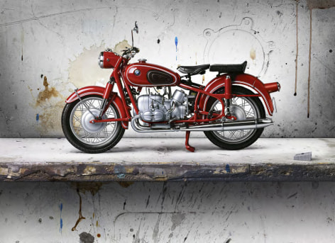 C&eacute;sar Galicia, Bodeg&oacute;n con Moto Roja (Still Life with Red Motorcycle), 2016, mixed media on gessoed aluminum panel, 17 1/8 x 23 5/8 inches
